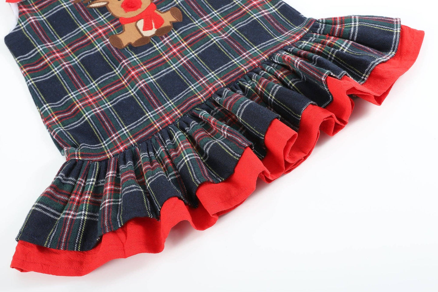 Navy and Red Plaid Reindeer Ruffle Dress: