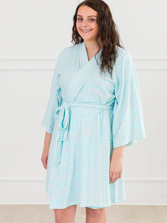 SoftSnooze™ Women's Cotton Modal Blue Breeze Gingham Mommy & Me Maternity Robe & Gown