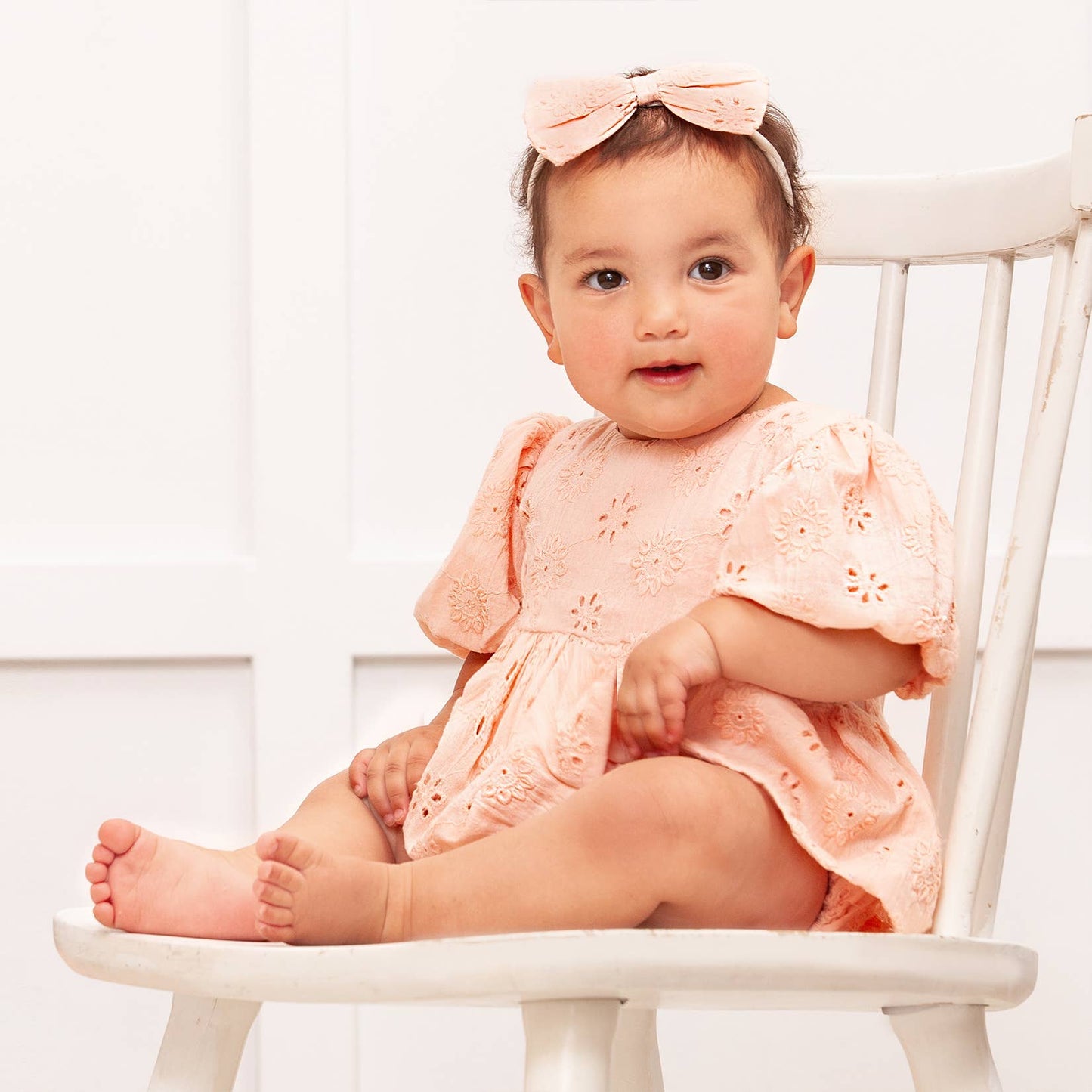 Eleanor Pink Eyelet Skirted Puff Sleeve Bodysuit: 0-3M