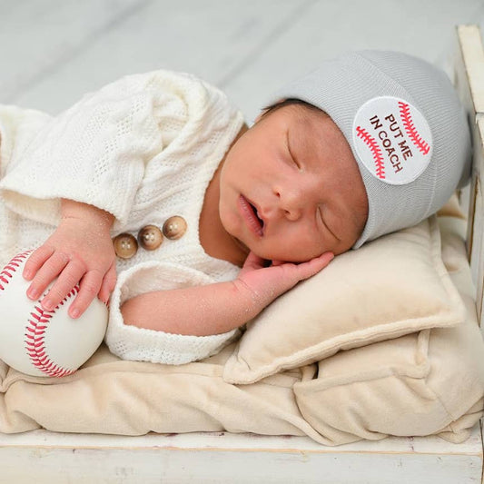 Put Me In Coach Baby Baseball Hat Newborn Baby Hospital Hat : White