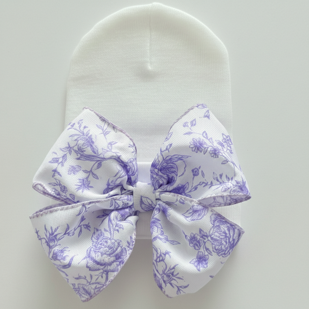 Ilybean Toile Floral Bow in Pink or Blue Newborn Girl Hat: Pink Floral Bow