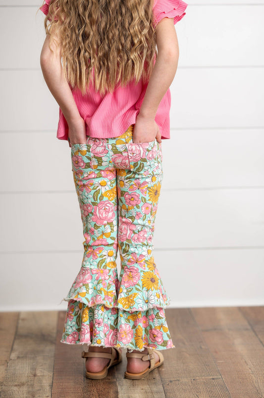 Kids Flower Double Ruffle Denim Jeans