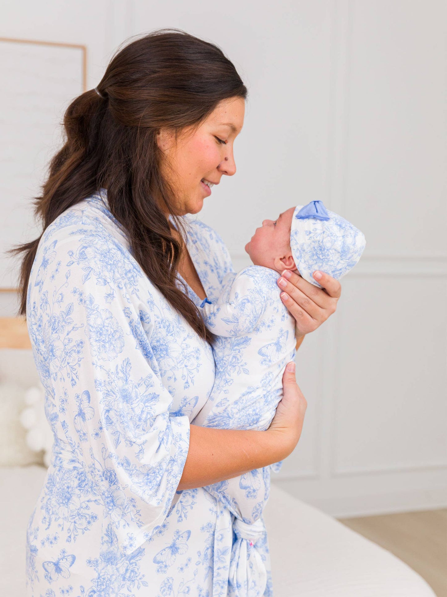 Women's Periwinkle Blue Butterfly Garden Toile Bamboo Viscose Mommy & Me Maternity Robe and newborn gown with cap.