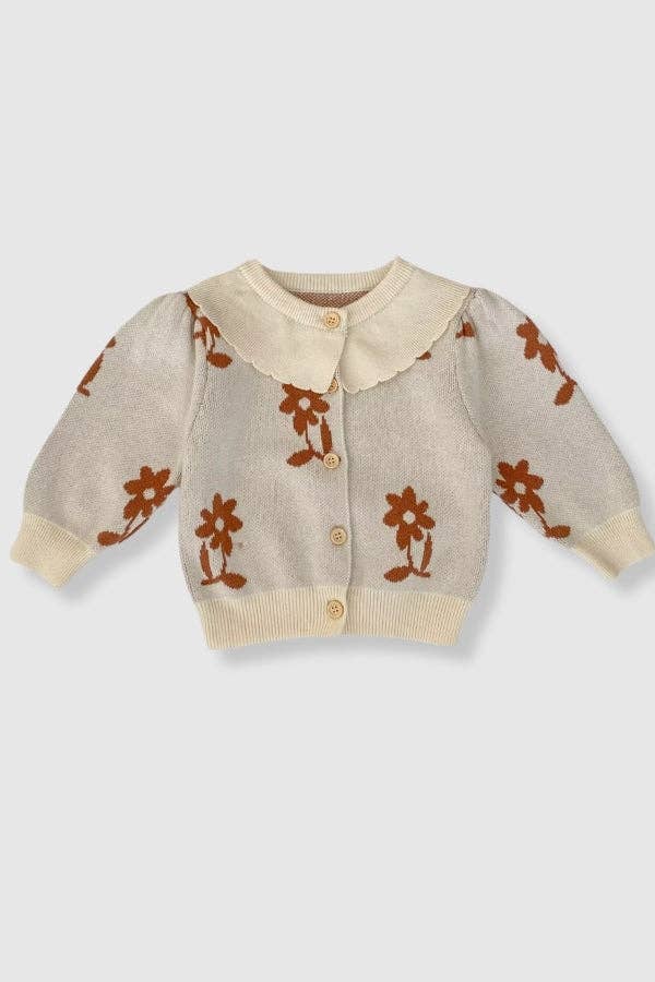 100% Cotton Knit Sweater with Peter Pan Collar and Floral Detail