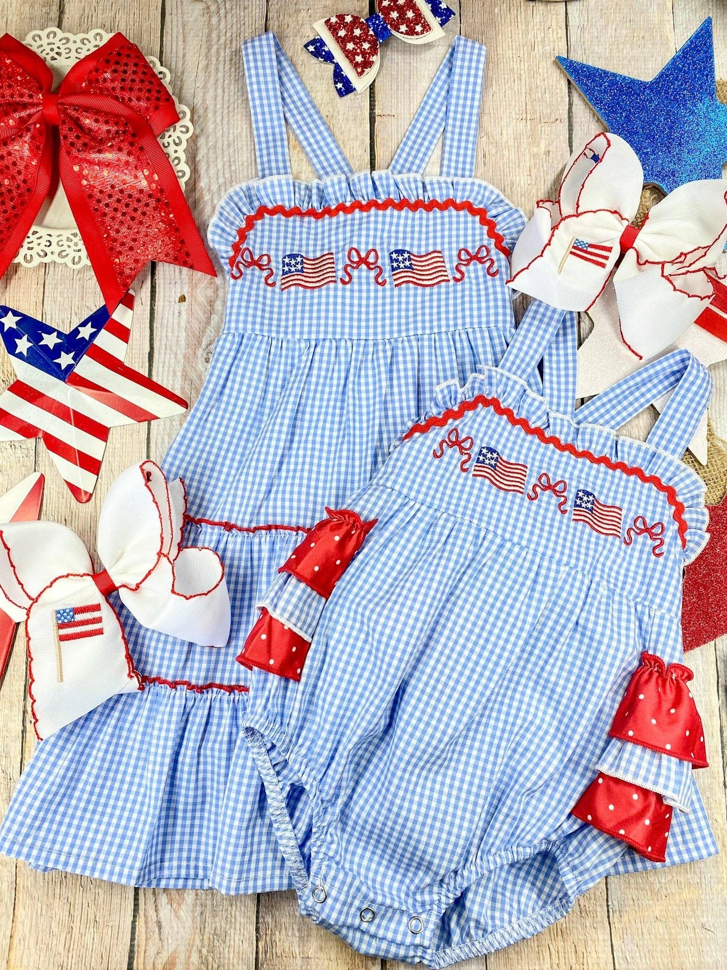 Blue Gingham American Flag Tiered Dress | Girls Patriotic Ruffle Dress