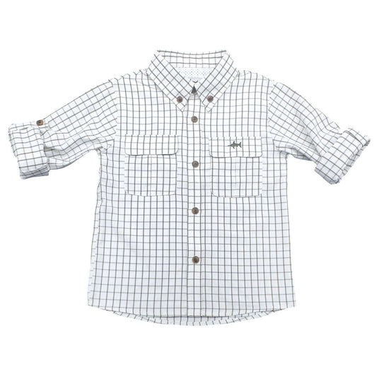 Flagler Boys Fishing Shirt Olive & White Plaid: Olive & White Plaid