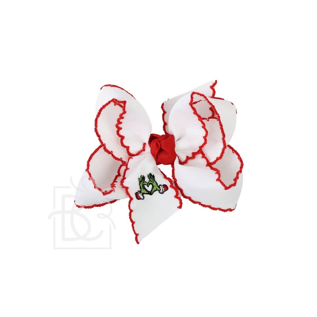 EMBROIDERED GRINCH HEART CROCHET EDGE HAIR BOWS: White w/ Red Crochet Edge / 5.5" Huge