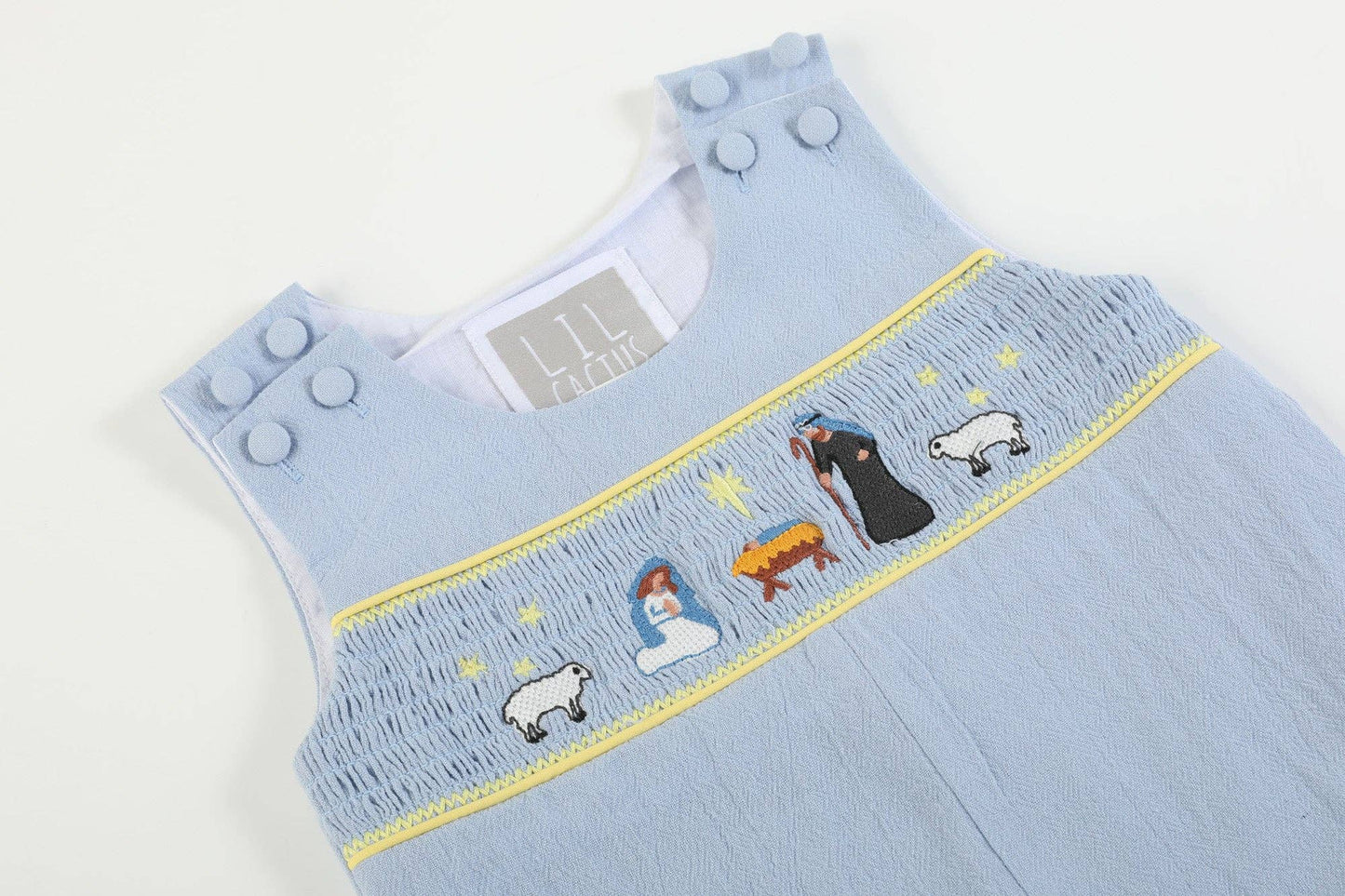Light Blue Nativity Smocked Overalls: 3-6M