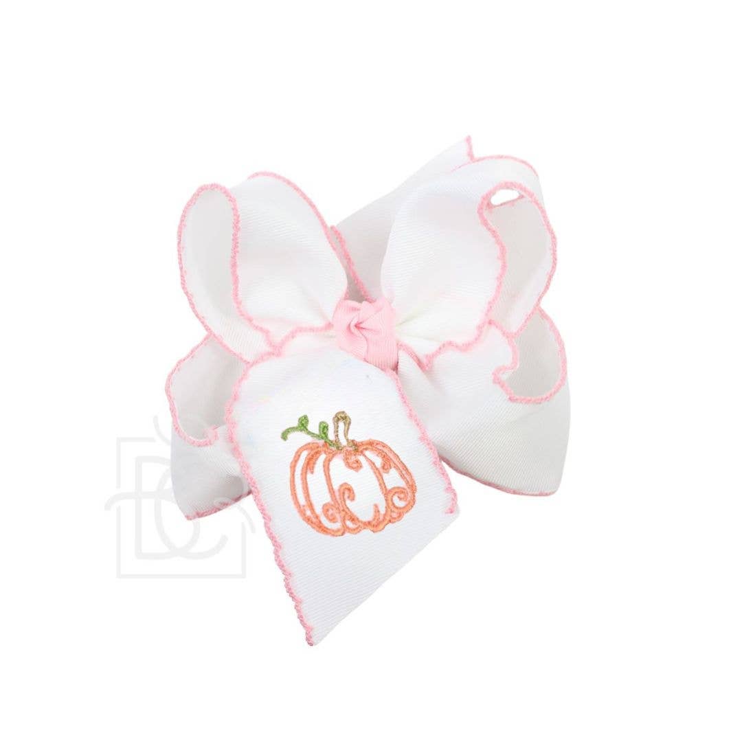 Embroidered Pumpkin Crochet Edge Bow: White-Millennium Blue Crochet Edge w/ Embroidered Orange Pumpkin / 5.5" Huge - 2.25" Crochet Edge Grosgrain Ribbon
