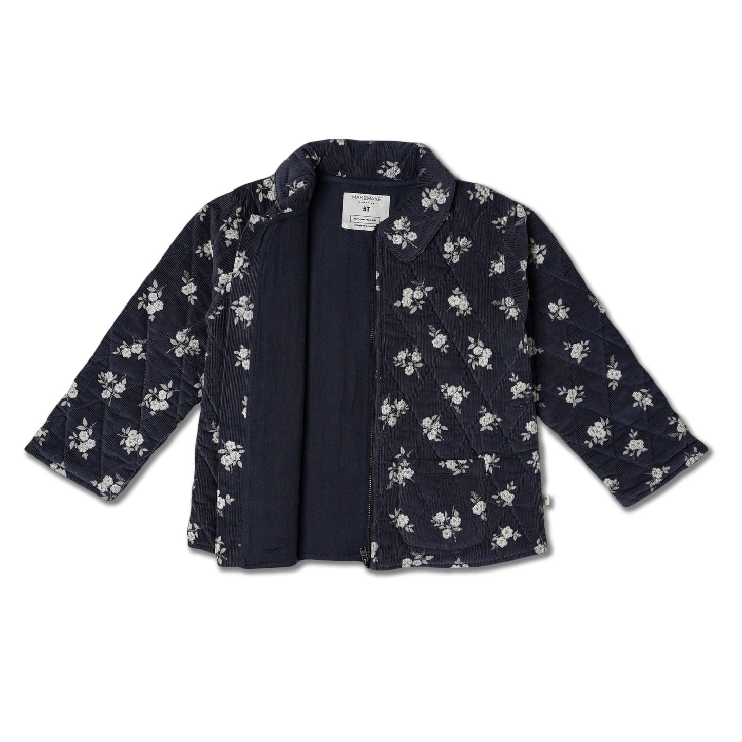 Organic Quilted Corduroy Zipper Jacket - Navy Bloom