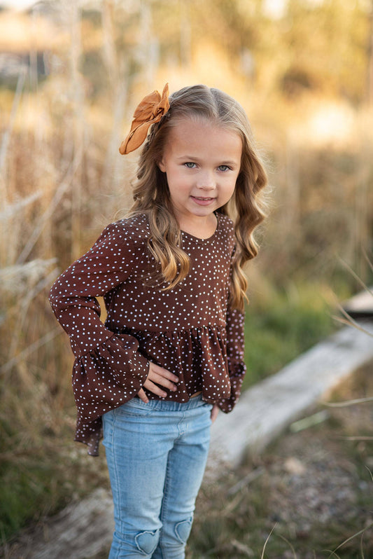 Kids Brown Polka Dot Hi Lo Ruffle Shirt Blouse