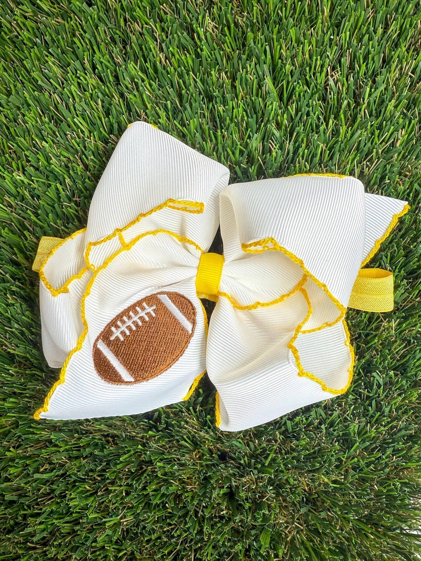 Football Embroidered Moonstitch Hair Bow | Clip or Headband: Orange/White / Clip