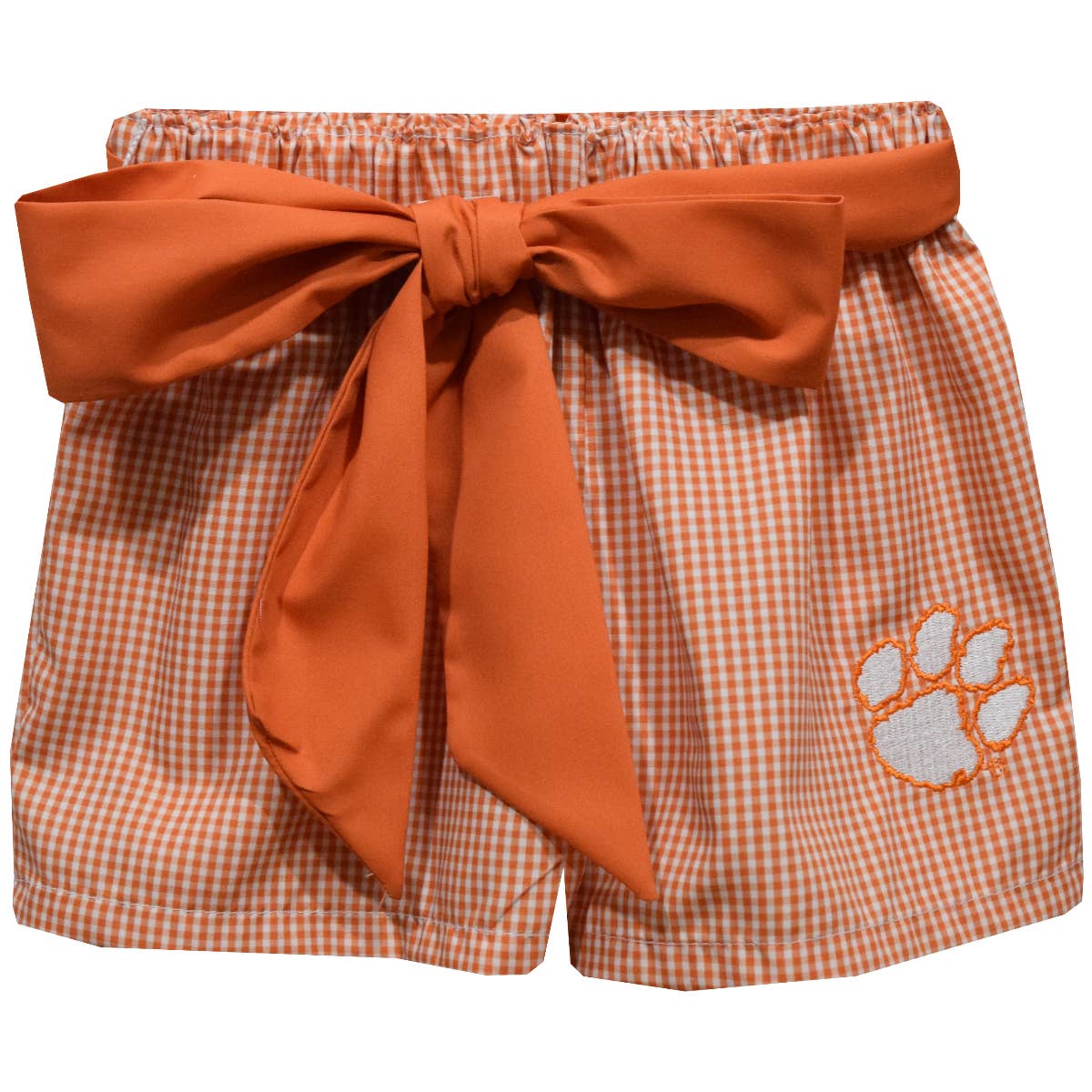 Clemson Tigers Embroidered Orange Gingham Girls Short- Sash