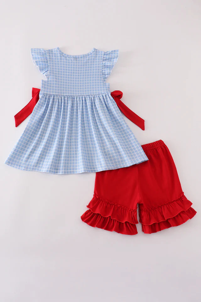 Blue apple bus embroidery plaid ruffle shorts set