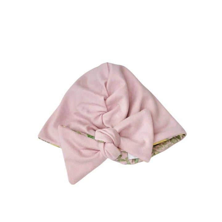 RUCHED BEANIE WITH BOW: Dusty Roses / 0-6m