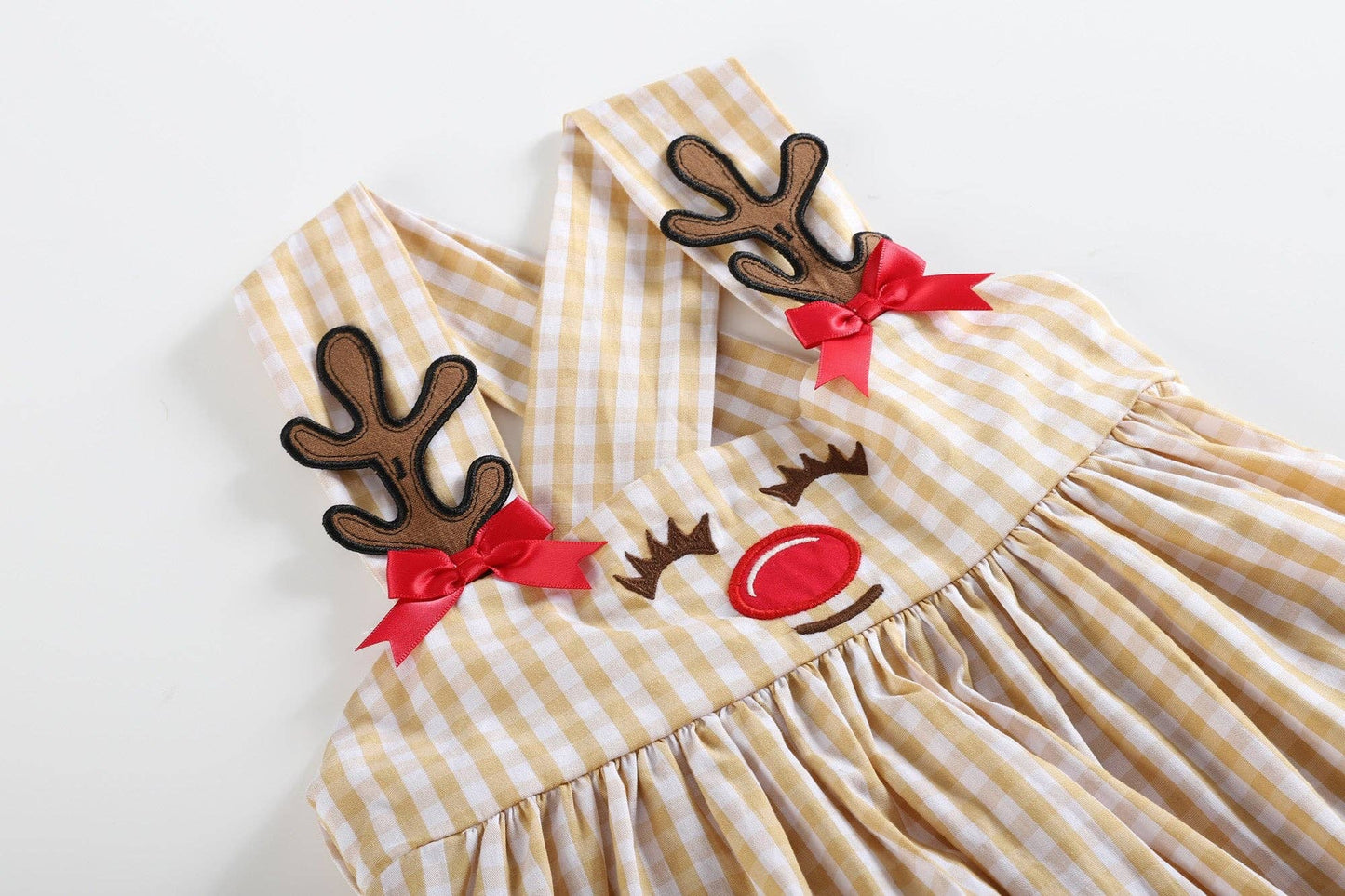 Fawn Brown Gingham Reindeer Pocket Jumper Dress: 3-6M