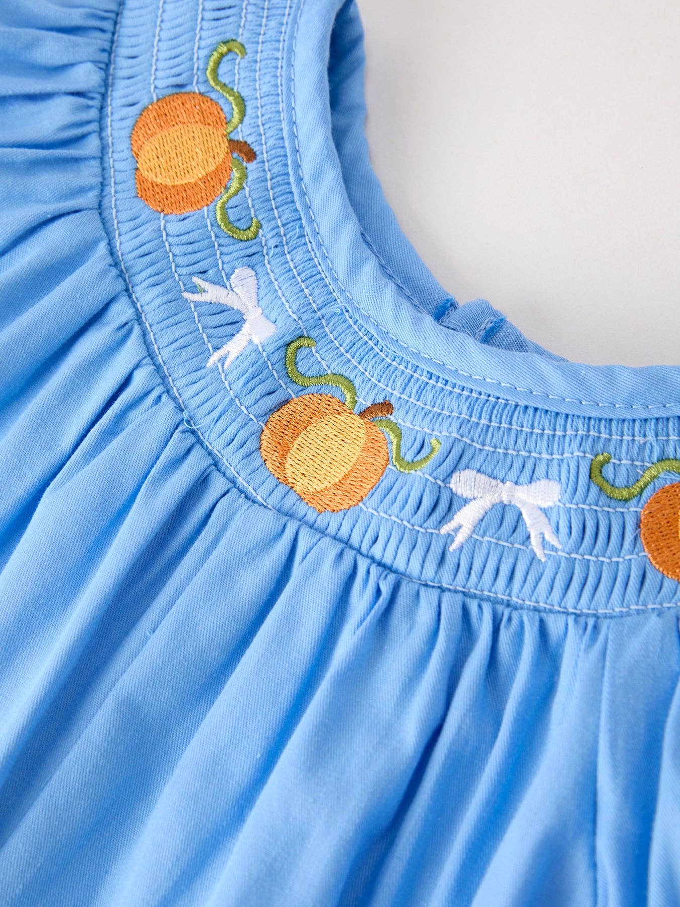 Fall Thanksgiving&Halloween Blue Pumpkin Smock Embroidery Lace Baby Girl Romper: 3M