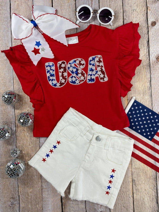 USA Red Ruffled Top & White Shorts Set: 5T