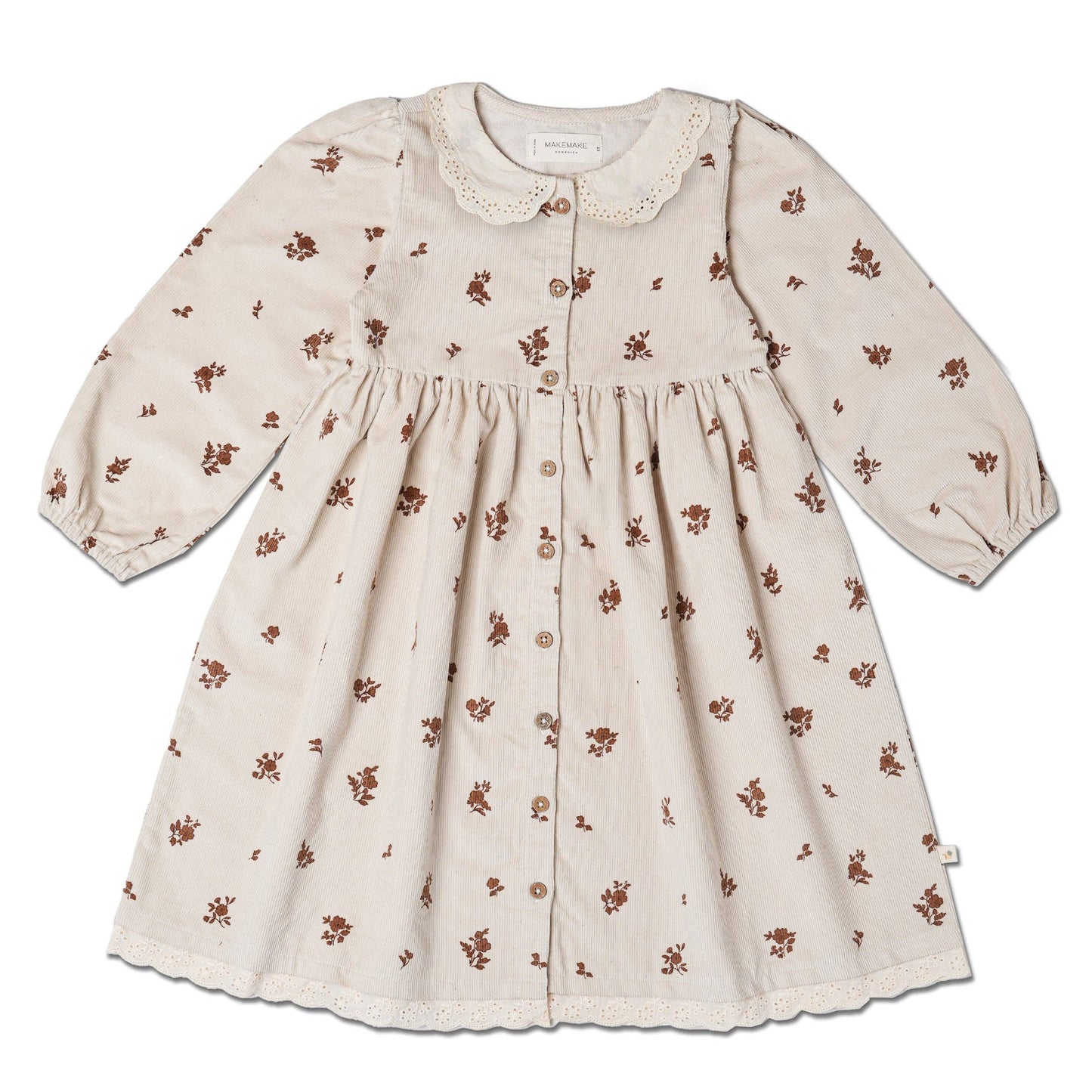 Organic Corduroy Collared Button Dress - Brown Floral
