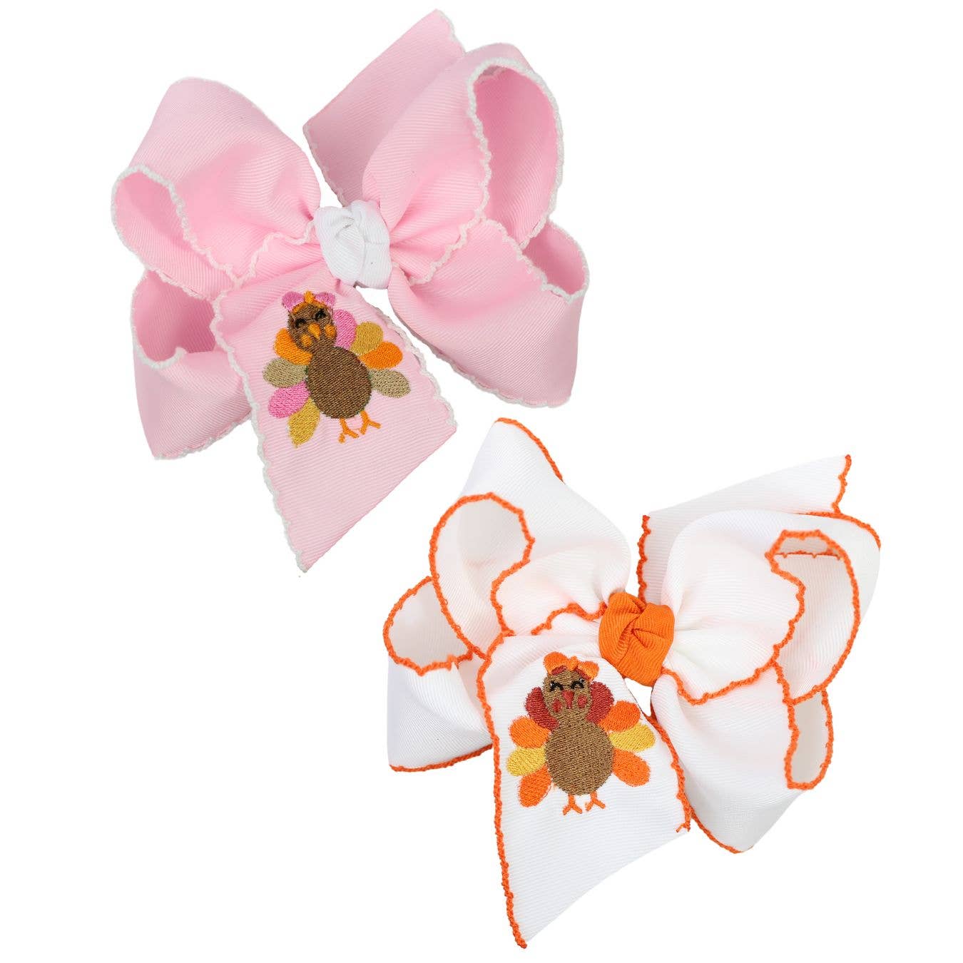 EMBROIDERED TURKEY 5.5" HUGE CROCHET EDGE HAIR BOWS: White w/ Orange Crochet Edge