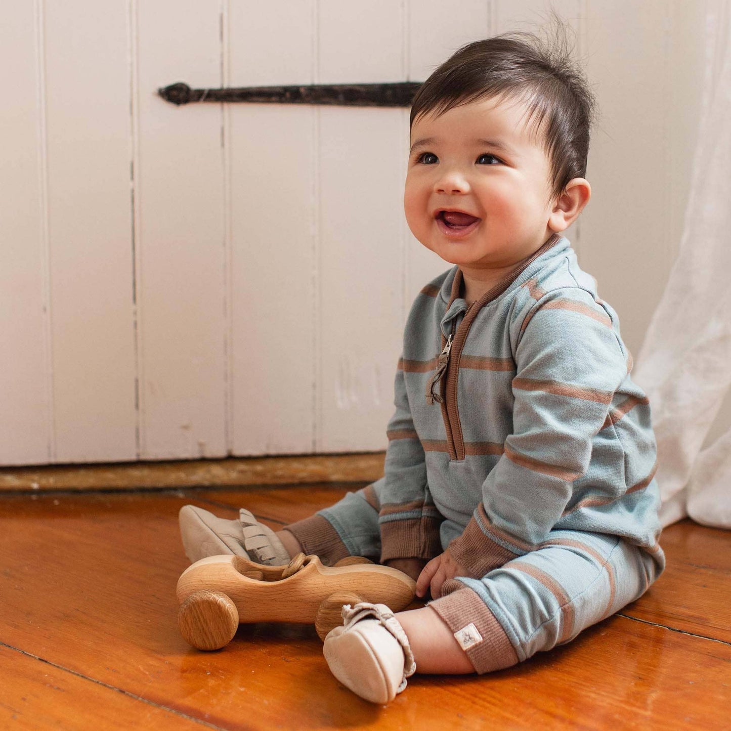 Holland Stripe Infant Blue Jumpsuit: Mountain Blue