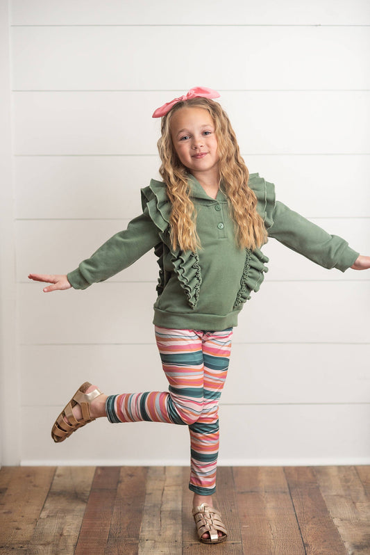 Kids Sage Double Ruffle Button Hoodie & Stripe Leggings Set:
