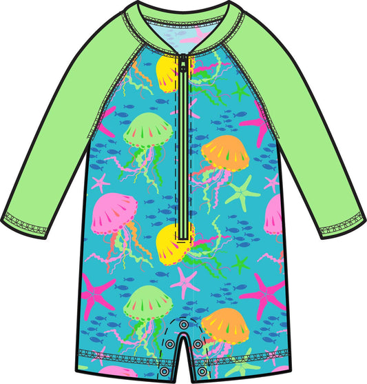 Baby Boys Neon Jelly Time Long Sleeve One Piece Rash Guard Swimsuit: Blue