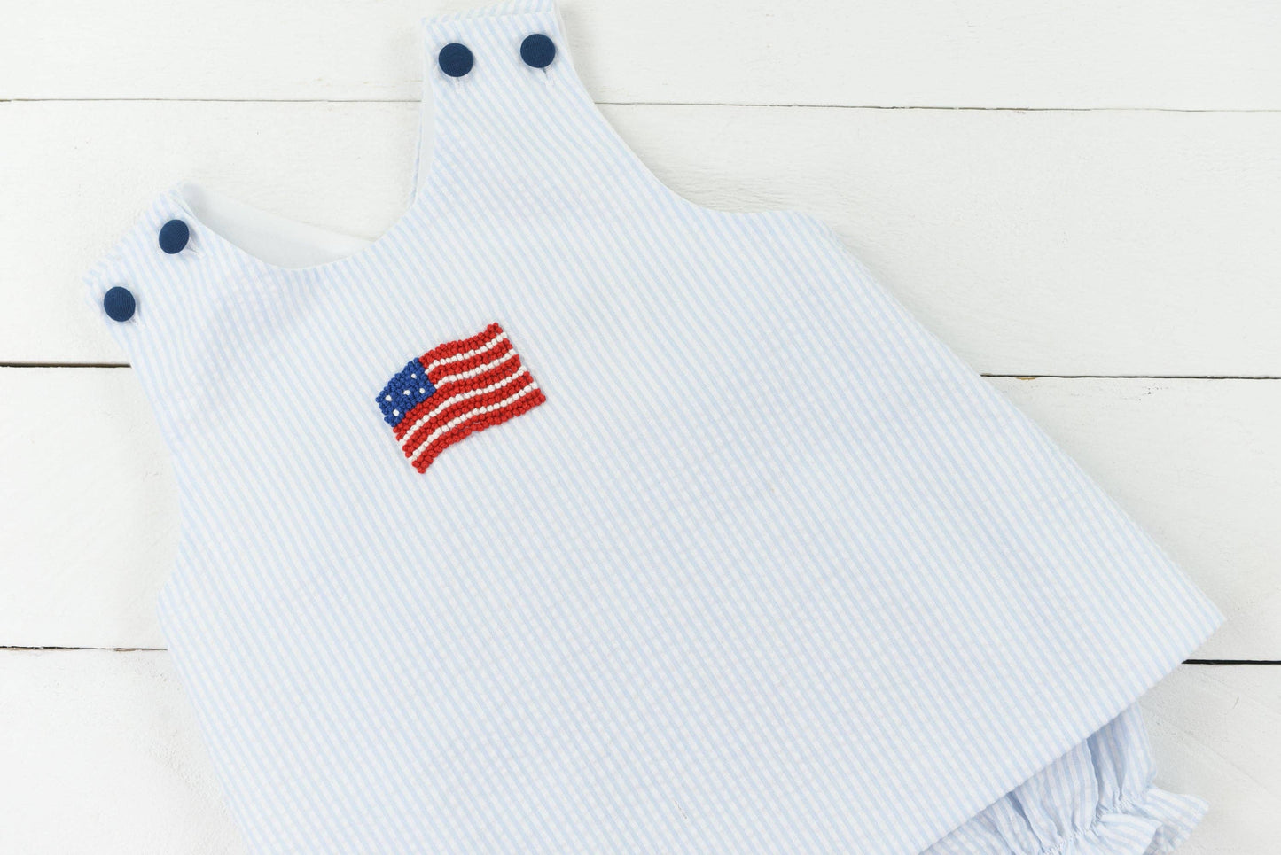 Blue Seersucker Flag Girl Bubble Short Set