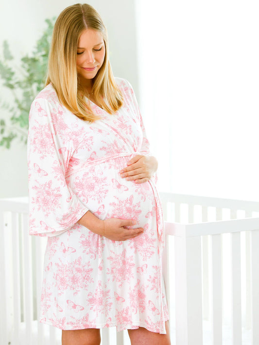 SoftSnooze™ Women's Bamboo Viscose Pink Butterfly Garden Toile Mommy & Me Maternity Robe & Gown