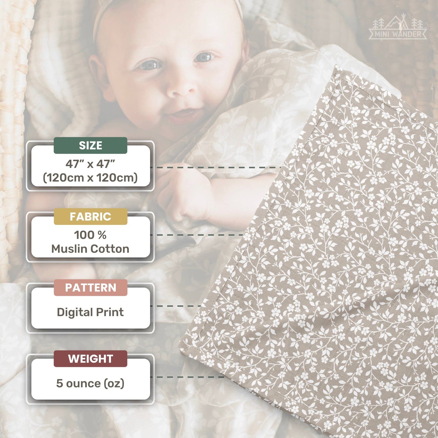 Muslin Swaddle Baby Blanket – Magnolia Tree: Peach