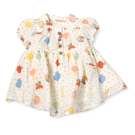 Veggie Puff Sleeve Muslin Baby Dress+Bloomer -Organic Muslin: Natural