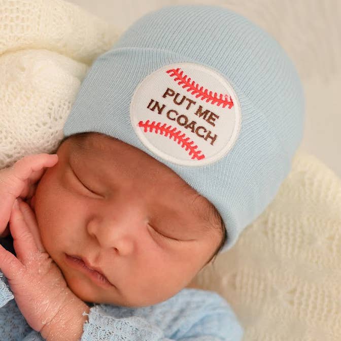 Put Me In Coach Baby Baseball Hat Newborn Baby Hospital Hat : White