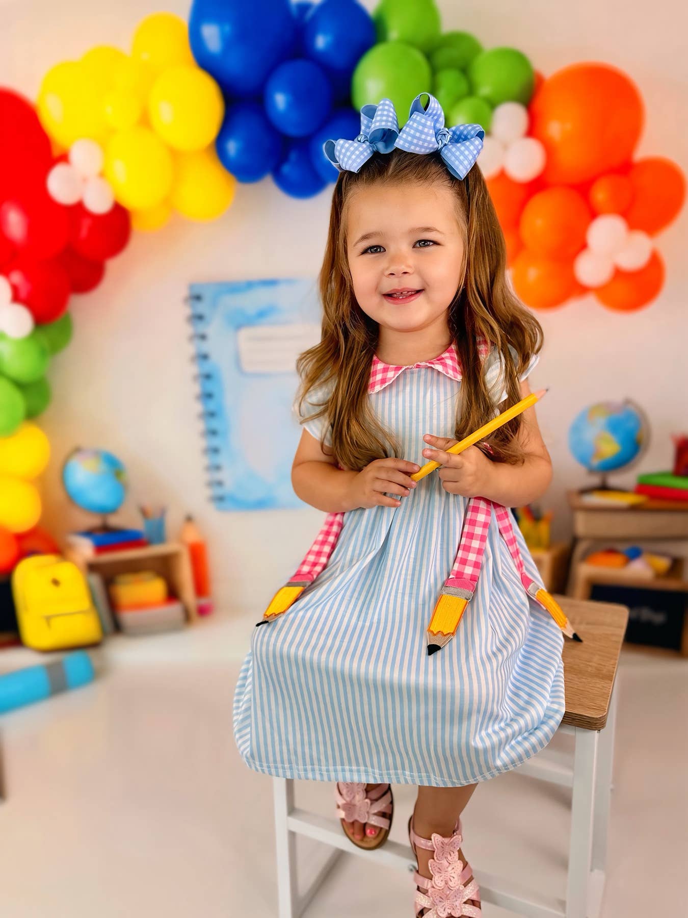 Back To School Girls Striped lapels Bow Dress: 7