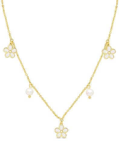 Flower And Freshwater Pearl Charms Necklace: Pink