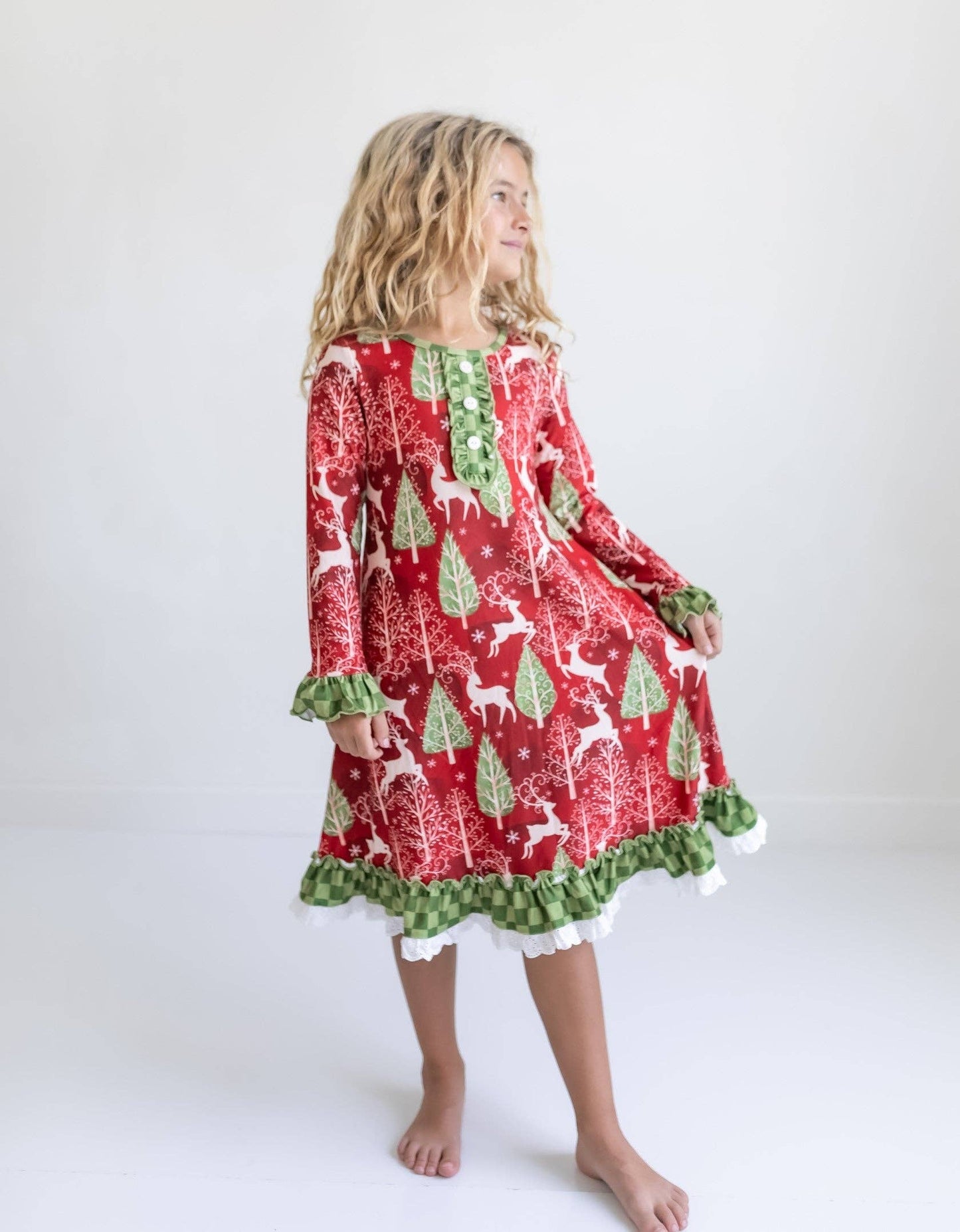 Kids Red Christmas Holiday Reindeer Ruffle Lounge Play Gown:5/6