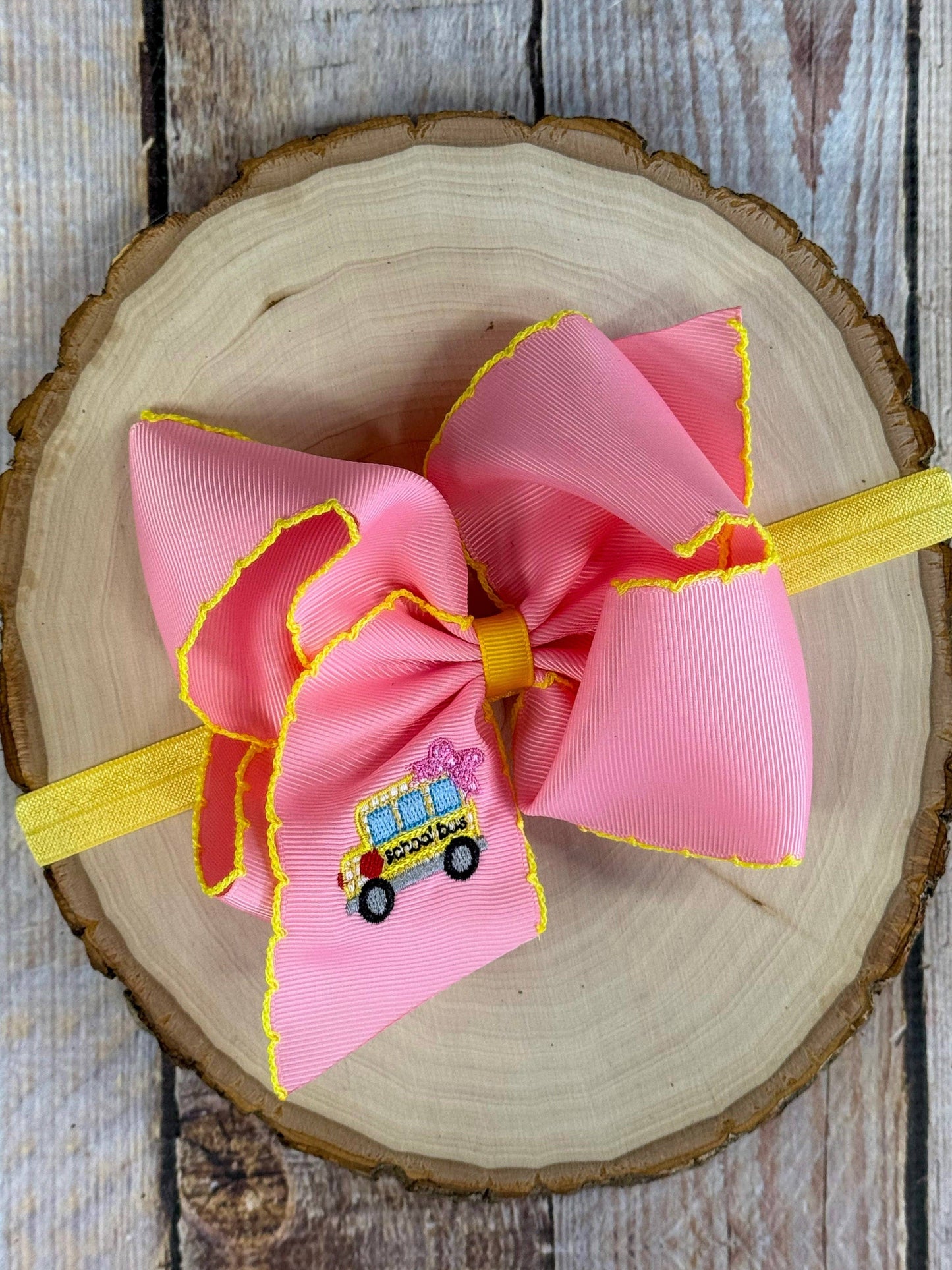 School Bus Embroidered Moonstitch Hair Bow | Clip or Headband: Headband