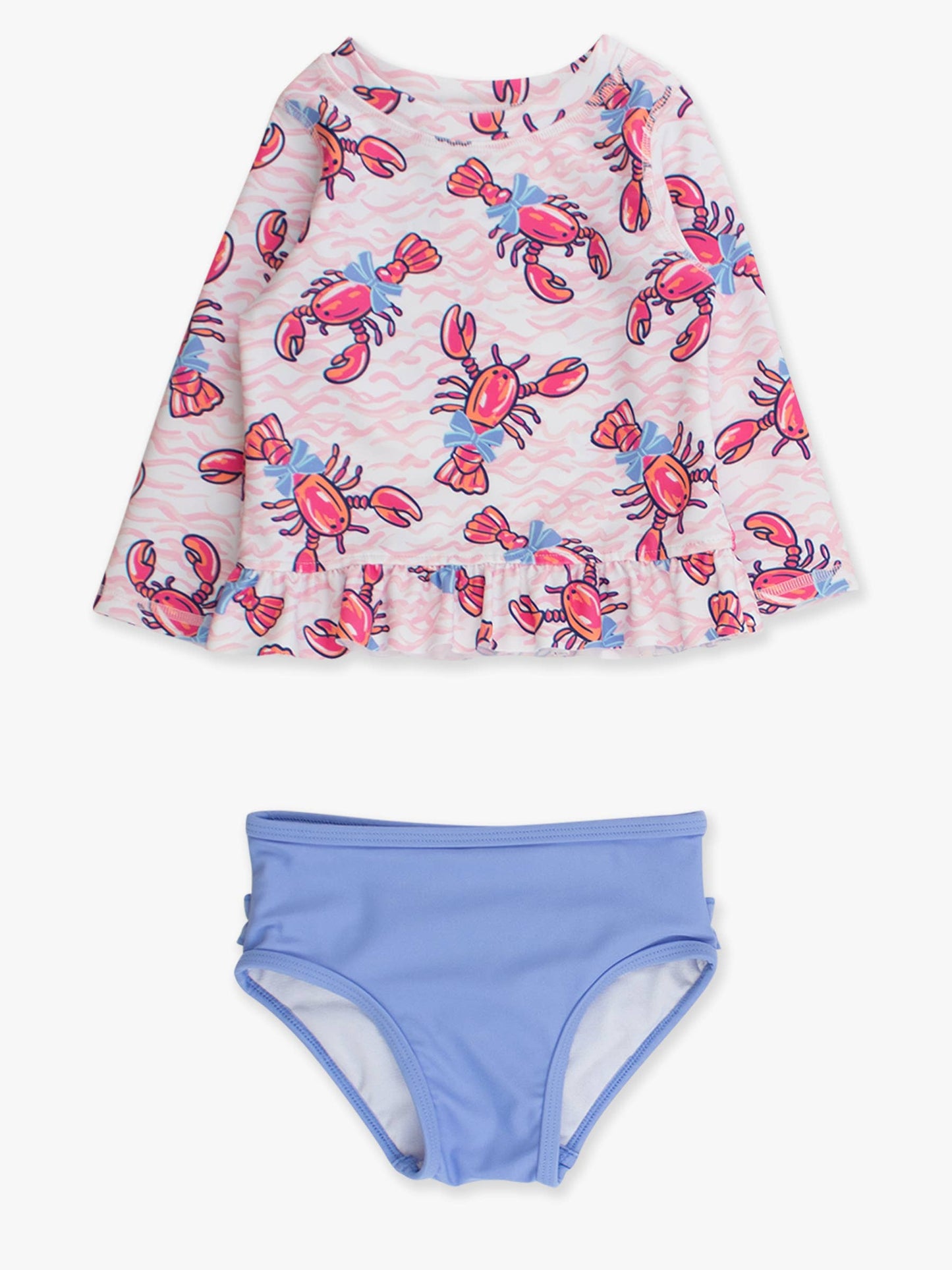 Girls Pink Lobster Lagoon Long Sleeve Rash Guard 2-Piece Swimsuit with Signature Rear Ruffles
