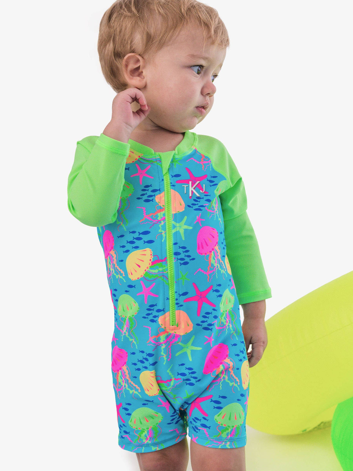 Baby Boys Neon Jelly Time Long Sleeve One Piece Rash Guard Swimsuit: Blue