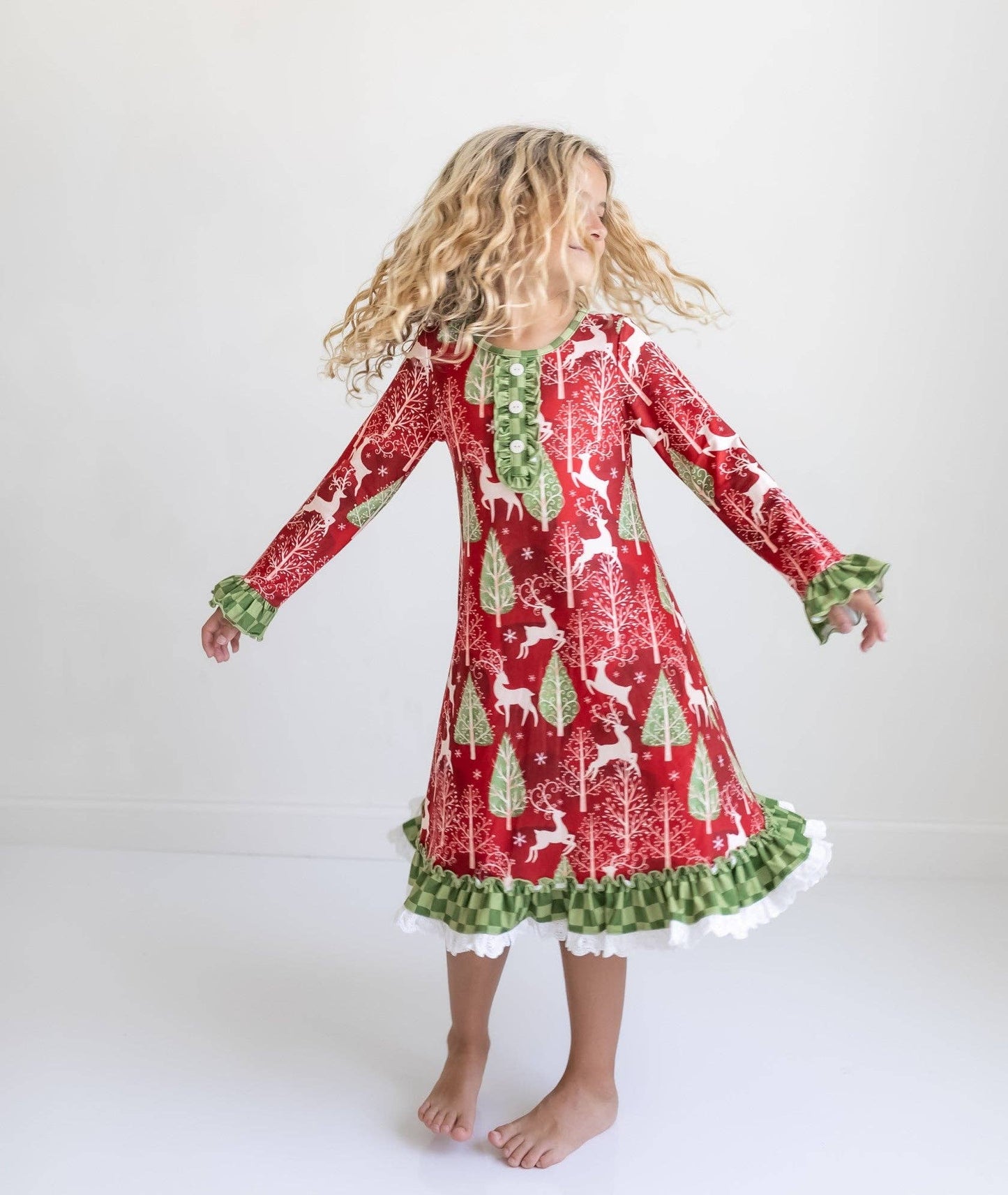 Kids Red Christmas Holiday Reindeer Ruffle Lounge Play Gown:5/6