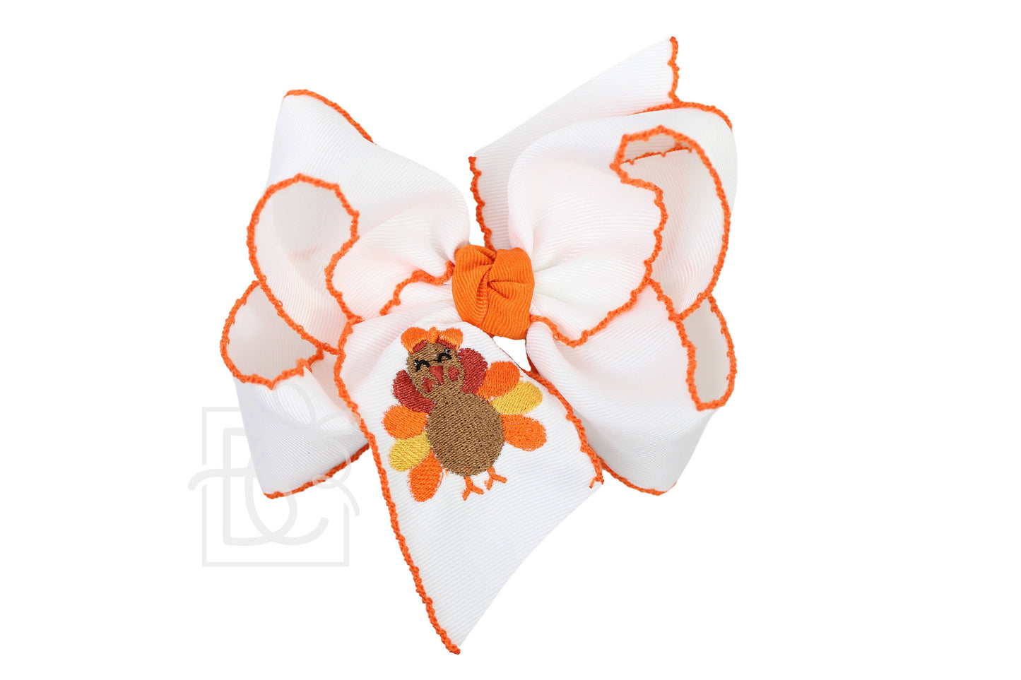 EMBROIDERED TURKEY 5.5" HUGE CROCHET EDGE HAIR BOWS: White w/ Orange Crochet Edge
