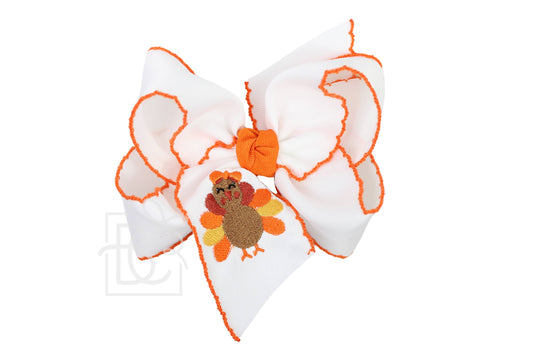 EMBROIDERED TURKEY 5.5" HUGE CROCHET EDGE HAIR BOWS: White w/ Orange Crochet Edge