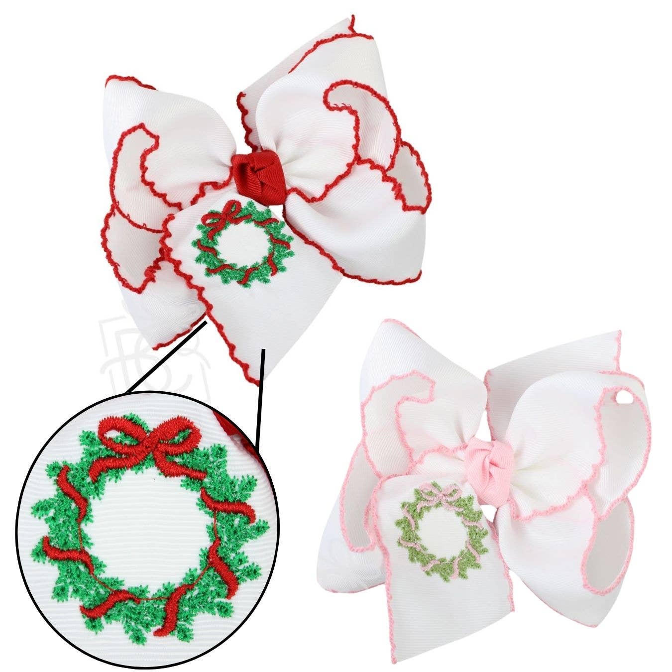 EMBROIDERED WREATH CROCHET EDGE HAIR BOWS: White w/ Red Crochet Edge