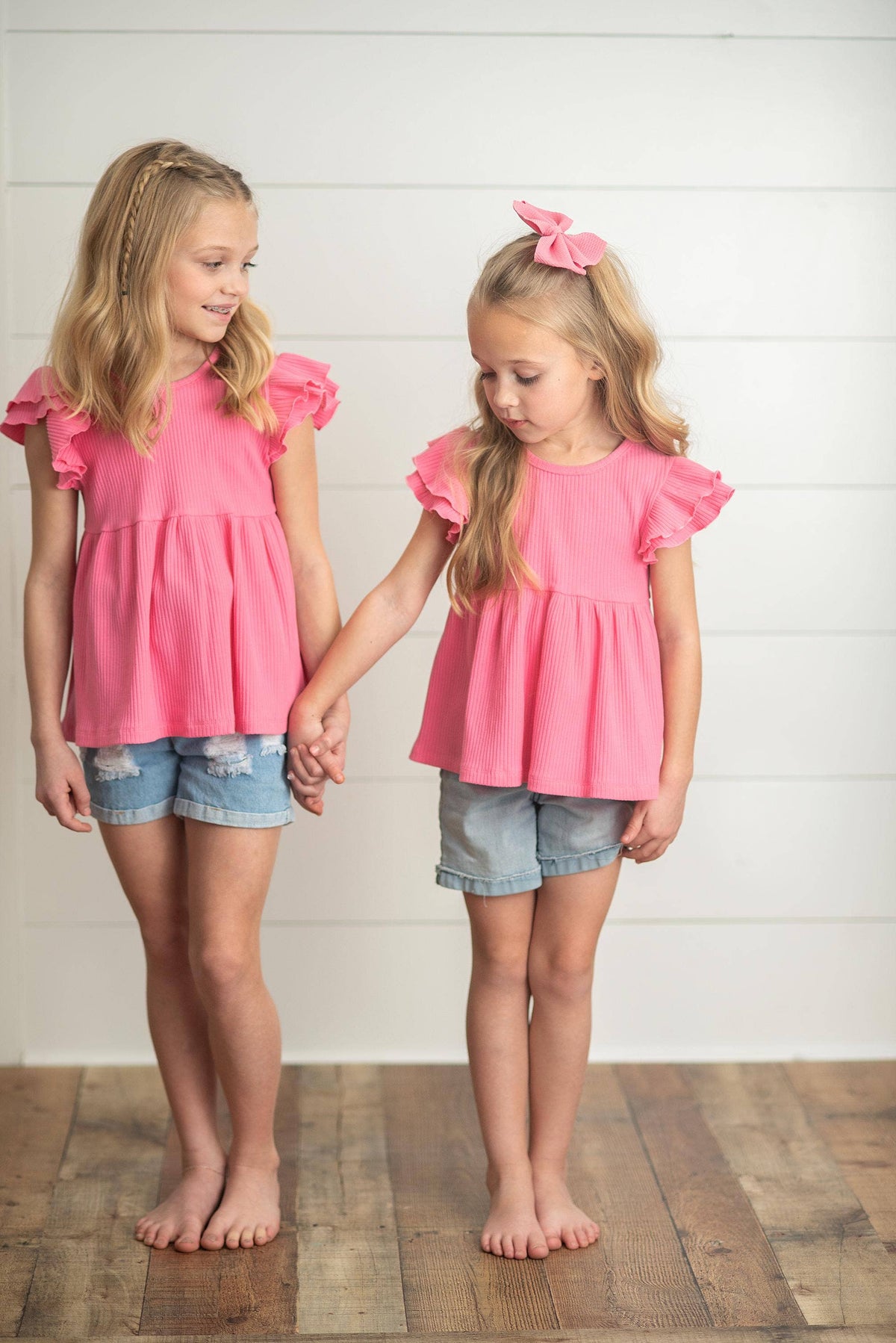 Kids Bright Pink Double Ruffle Flutter Sleeve Summer Shirt:
