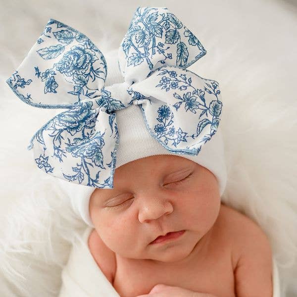 Ilybean Toile Floral Bow in Pink or Blue Newborn Girl Hat: Blue Floral Bow