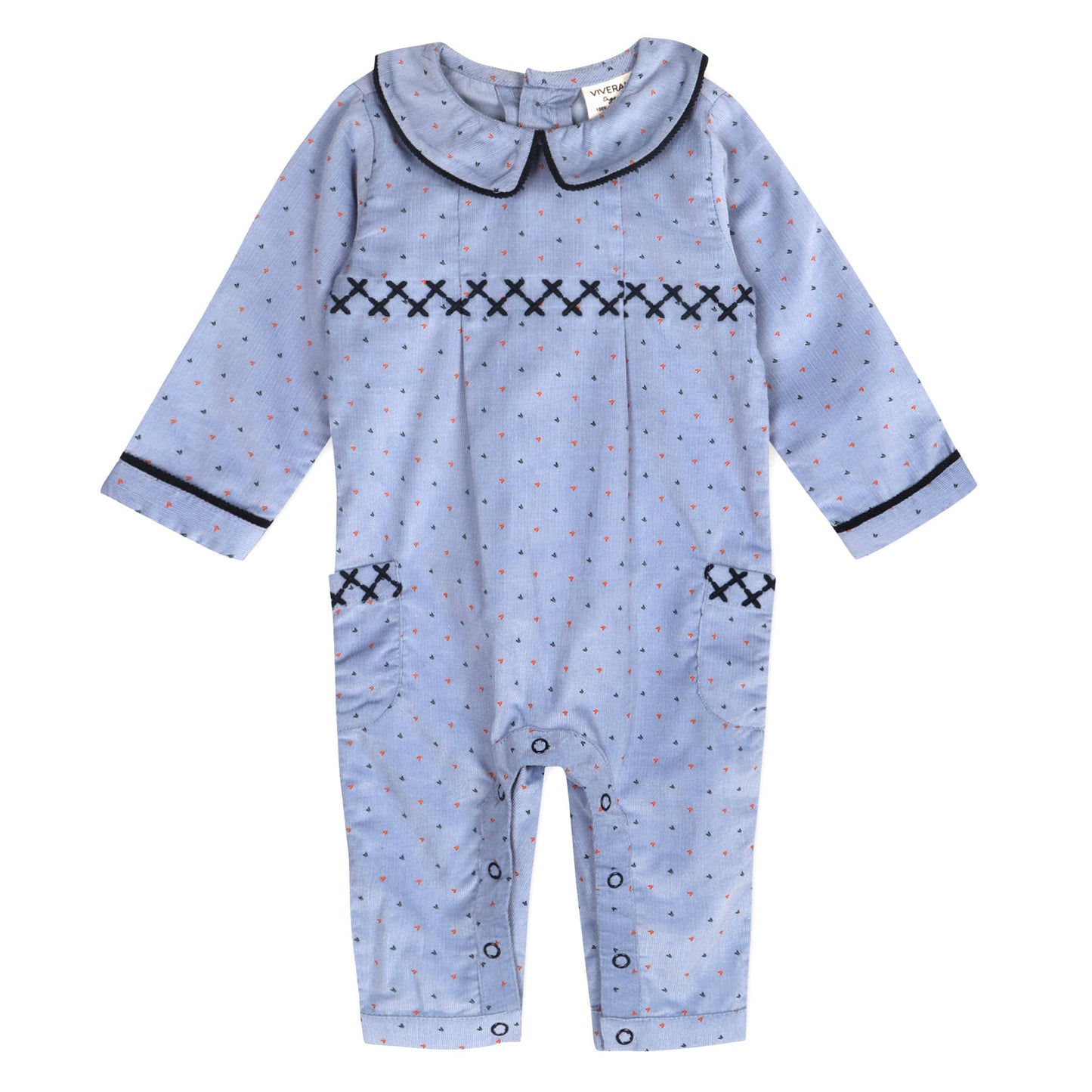 Peter Pan Collar & Embroidered Corduroy Jumpsuit (Organic): Coral Blue