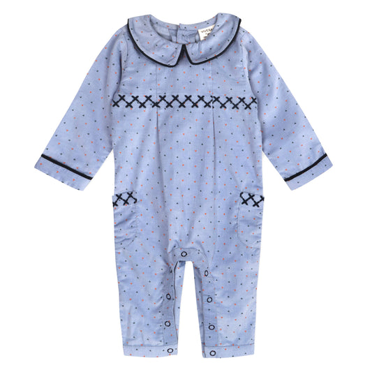 Peter Pan Collar & Embroidered Corduroy Jumpsuit (Organic): Coral Blue