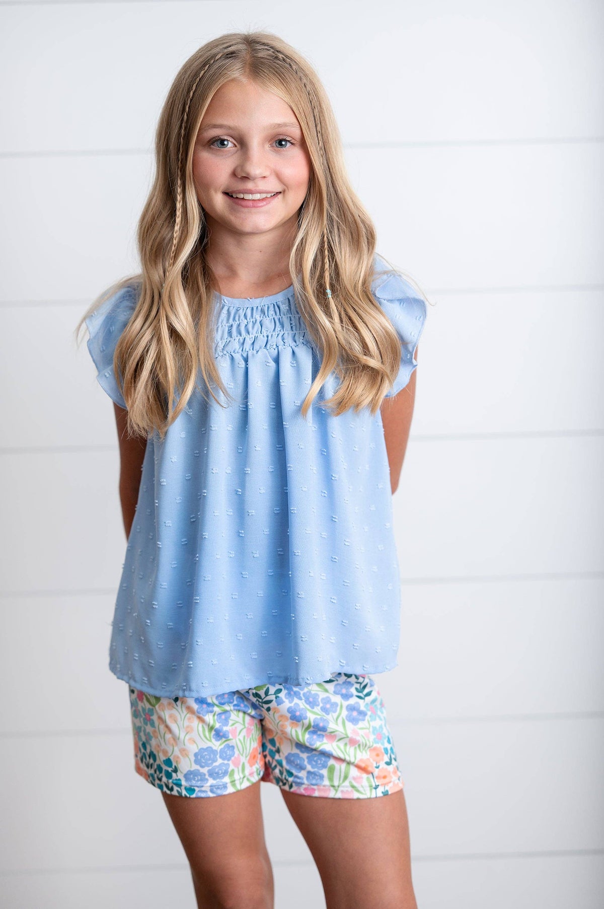 Girls Periwinkle Floral Spring Summer Ruffle Short Set