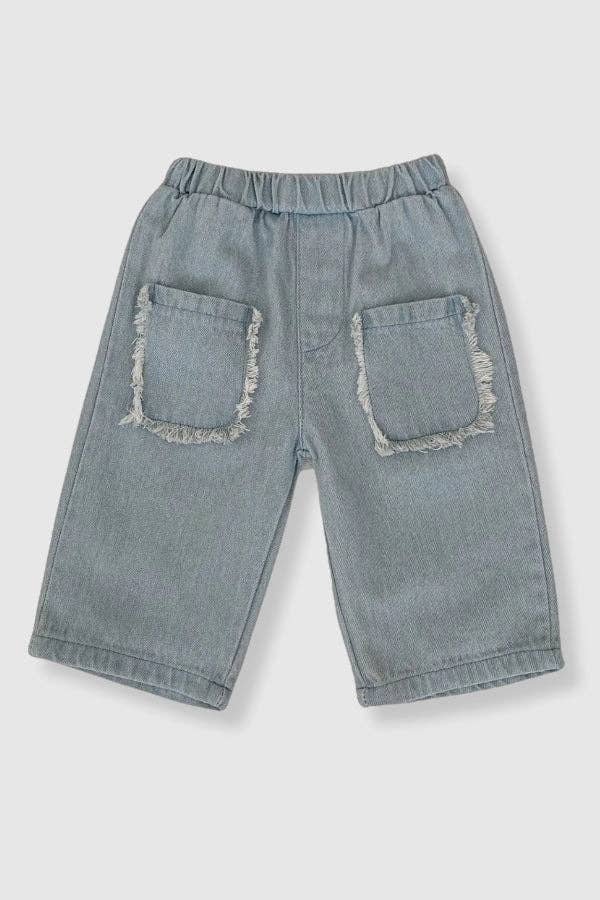 100% Cotton Raw Edge Pocket Denim Pants: 18-24M