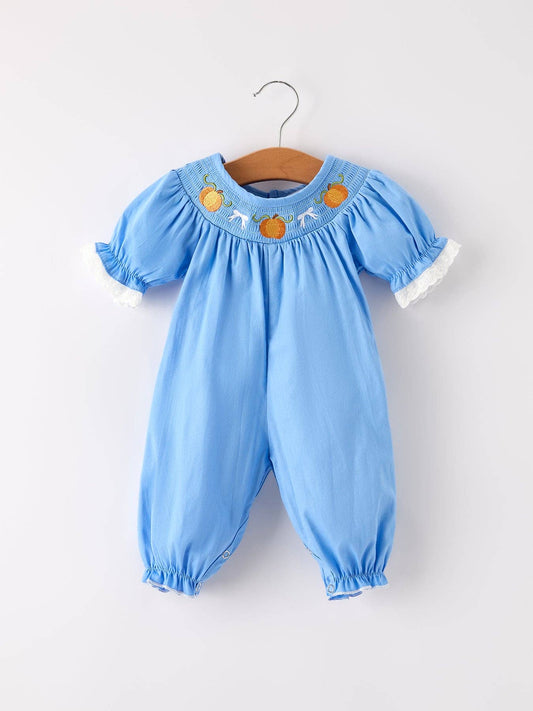 Fall Thanksgiving&Halloween Blue Pumpkin Smock Embroidery Lace Baby Girl Romper: 3M