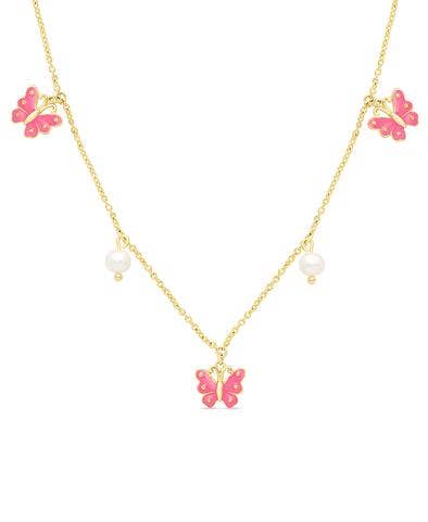 Butterfly and Freshwater Pearl Charms Necklace: Blue